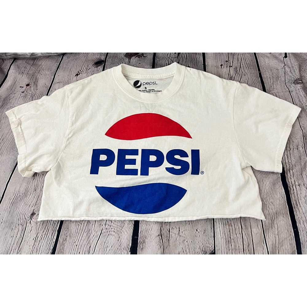 Pepsi Graphic Crop Top T-Shirt White Cotton Short Sleeve Raw Hem Small